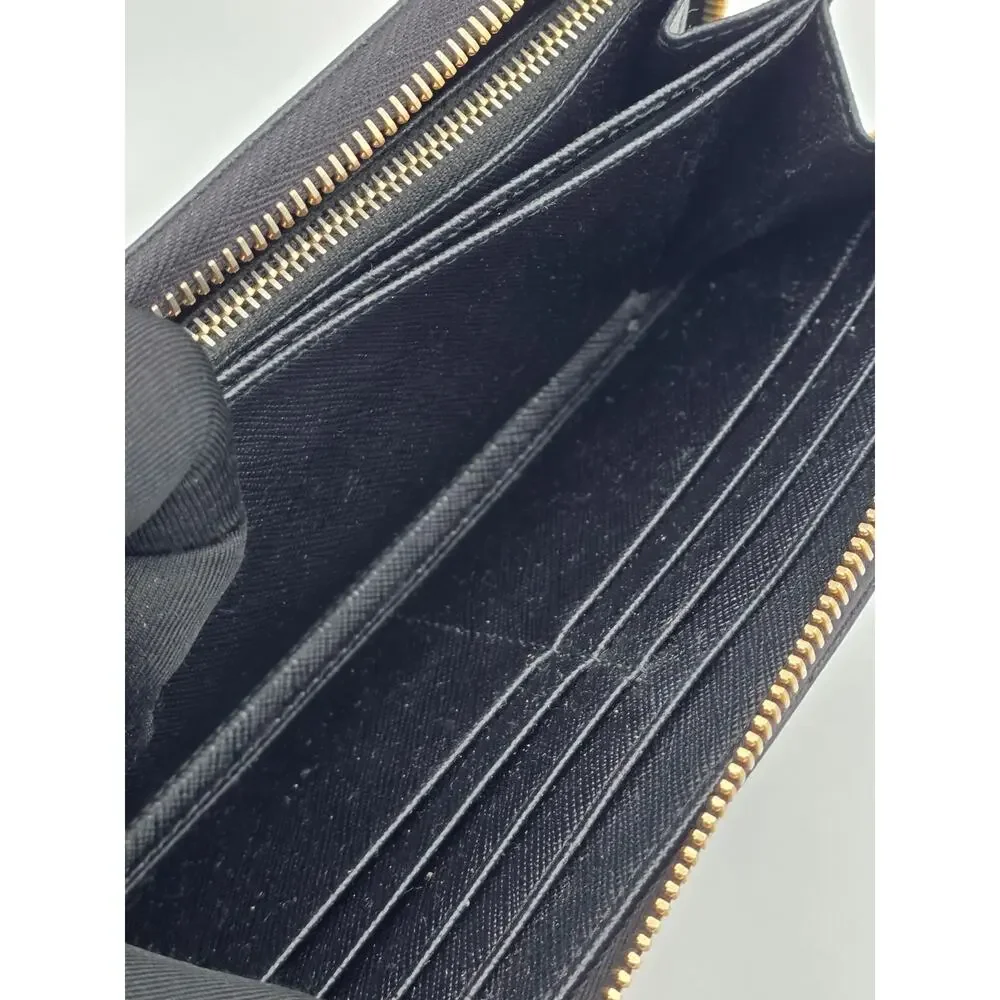 Prada Saffiano Fiocco Bow Zip Around Wallet Black Leather Gold Logo Italy